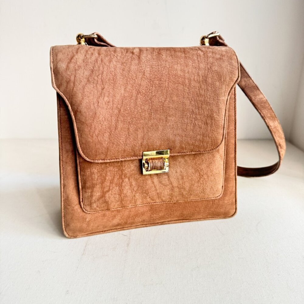 Vintage 50s 60s Mod Soft Textured Leather Brown Structured Square Shoulder bag
